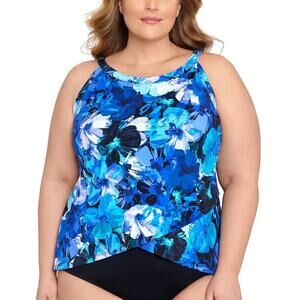 Swim Solutions Women Black Multi Plus Size High Neck Underwire Tankini Size 24W